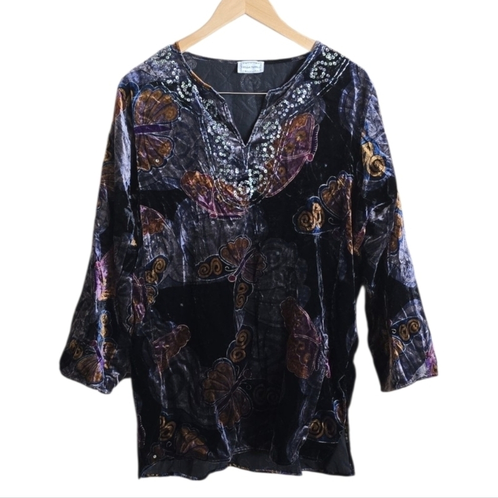 Bella Terra Velvet & Sequin Butterfly Gypsy Boho 3/4 Sleeve Tunic Blouse. Est XL